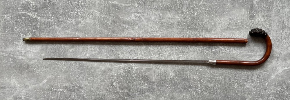 Slim Crook Handled Malacca Sword Stick Silver Collar View XII