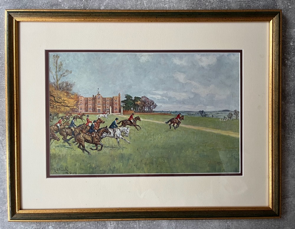 A set of four framed colour prints depicting fox hunting scenes in cream mounts and dark wood frames with gilt trim. View IV