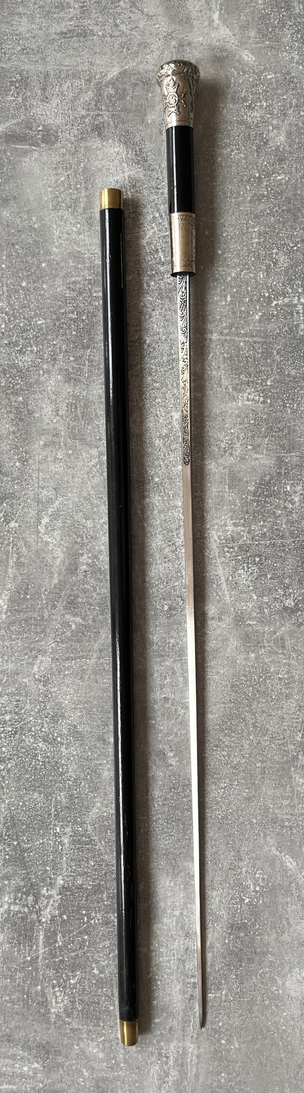 Black Lacquered Sword Stick, Silver Plated Mounts, Toledo Blade.