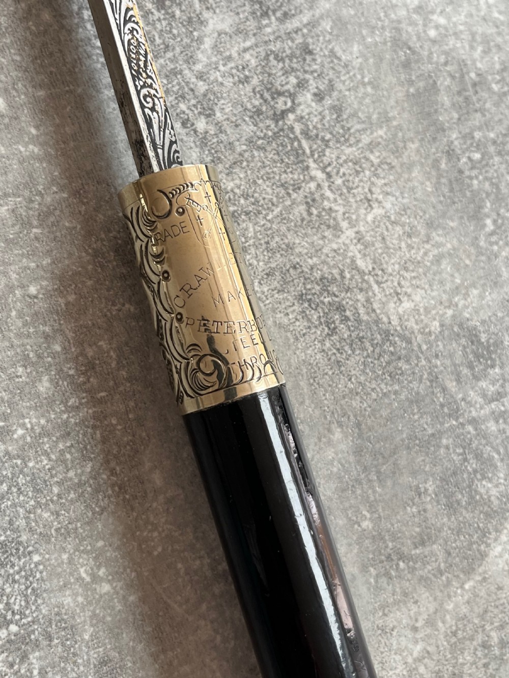 Black Lacquered Sword Stick, Silver Plated Mounts, Toledo Blade. View V