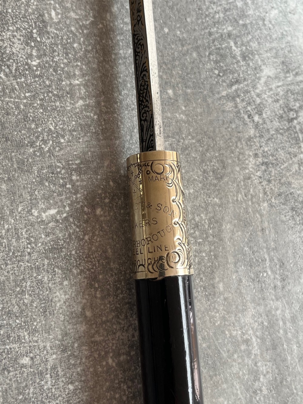 Black Lacquered Sword Stick, Silver Plated Mounts, Toledo Blade. View VI