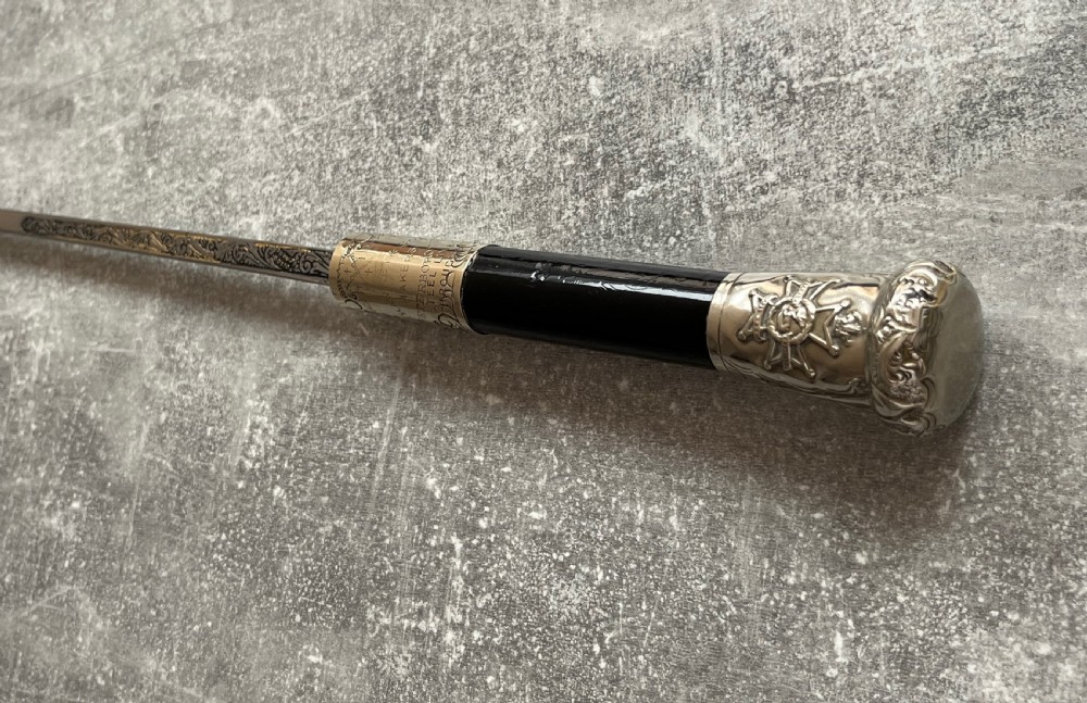 Black Lacquered Sword Stick, Silver Plated Mounts, Toledo Blade. View VIII