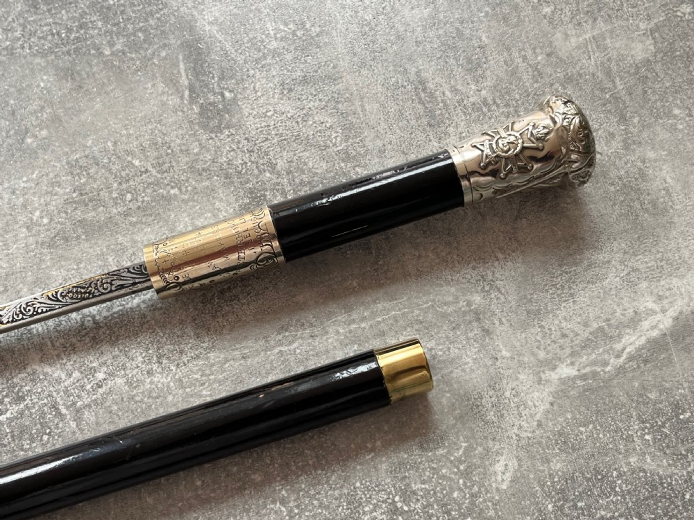 Black Lacquered Sword Stick, Silver Plated Mounts, Toledo Blade. View XII