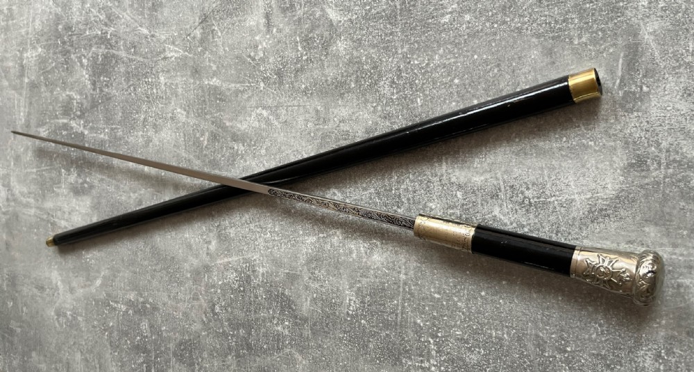 Black Lacquered Sword Stick, Silver Plated Mounts, Toledo Blade. View XIII
