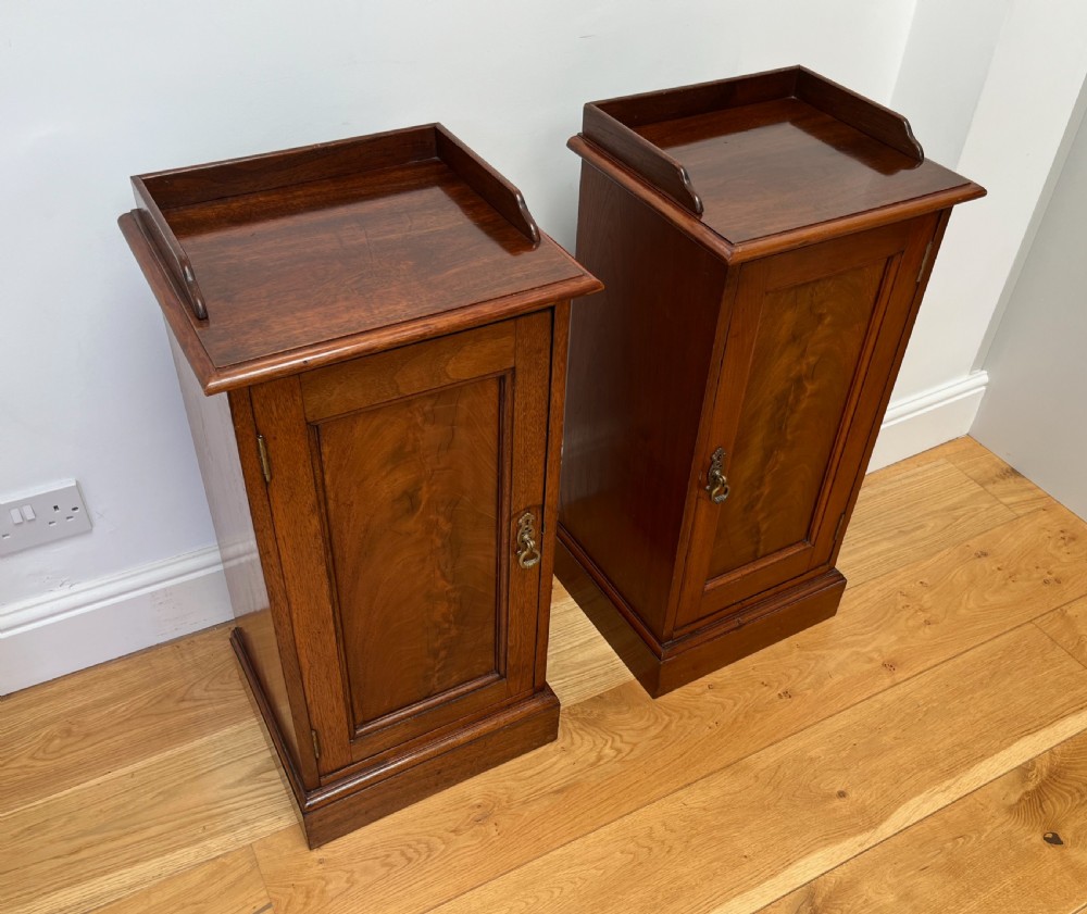 A pair of antique mahogany bedside cabinets featuring gallery tops, single panelled doors, brass drop handles, and solid plinth bases. View III