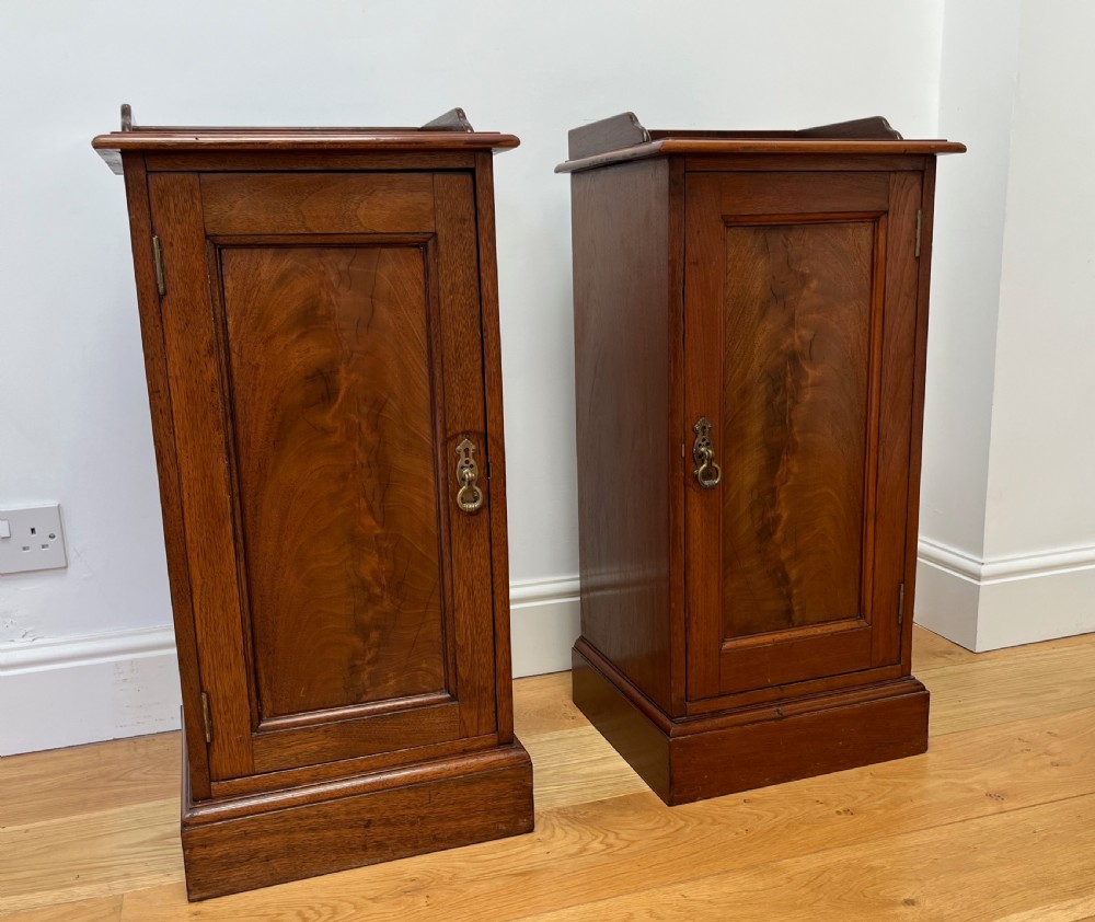 A pair of antique mahogany bedside cabinets featuring gallery tops, single panelled doors, brass drop handles, and solid plinth bases. View IV