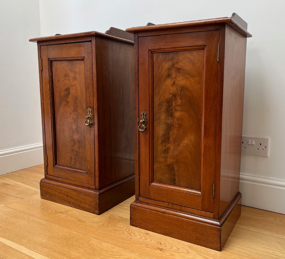 A pair of antique mahogany bedside cabinets featuring gallery tops, single panelled doors, brass drop handles, and solid plinth bases. View V
