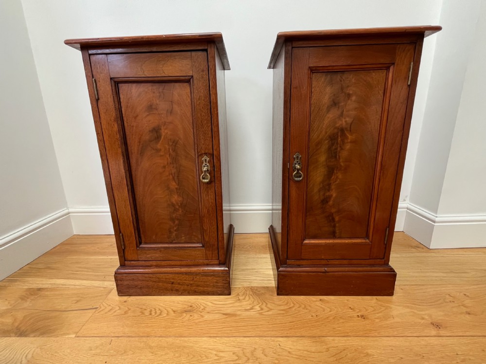 A pair of antique mahogany bedside cabinets featuring gallery tops, single panelled doors, brass drop handles, and solid plinth bases. View X