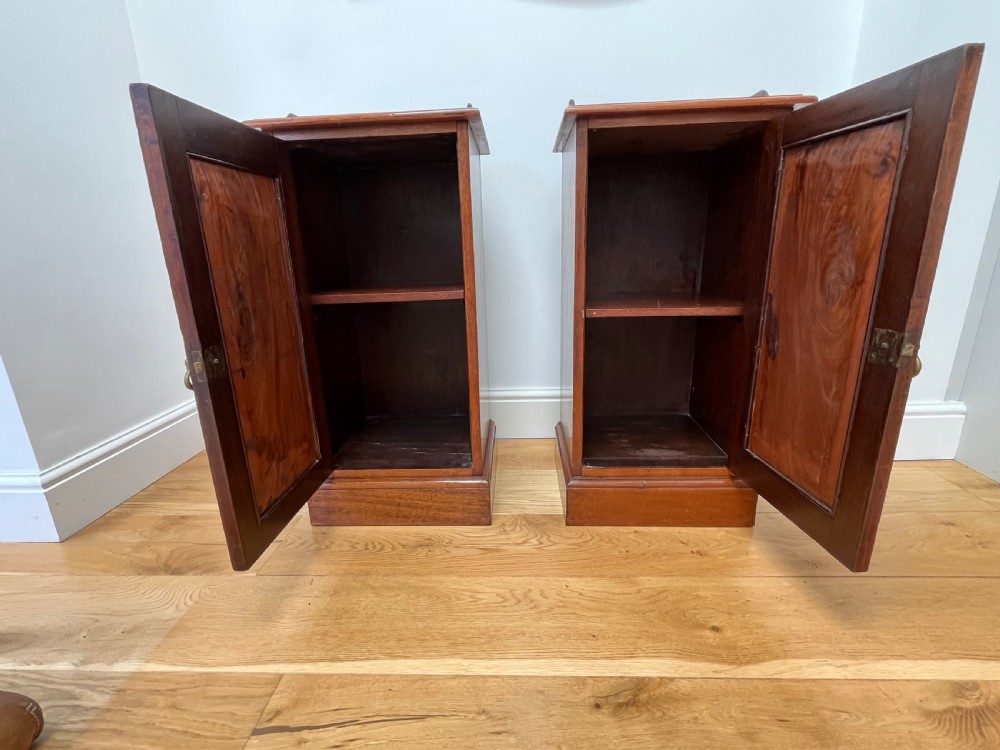 A pair of antique mahogany bedside cabinets featuring gallery tops, single panelled doors, brass drop handles, and solid plinth bases. View XI