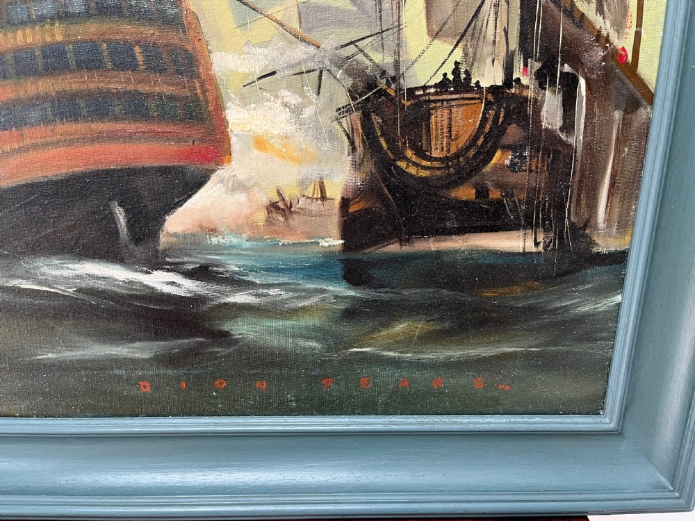 An oil painting on canvas portraying a sea battle between historical tall ships, presented in a grey-blue wooden frame. View II
