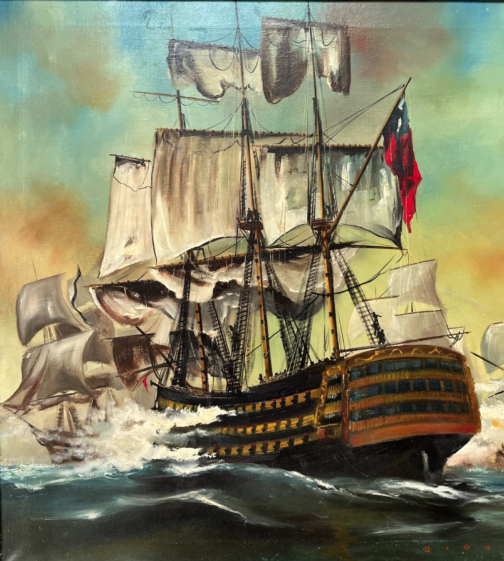 An oil painting on canvas portraying a sea battle between historical tall ships, presented in a grey-blue wooden frame. View IV