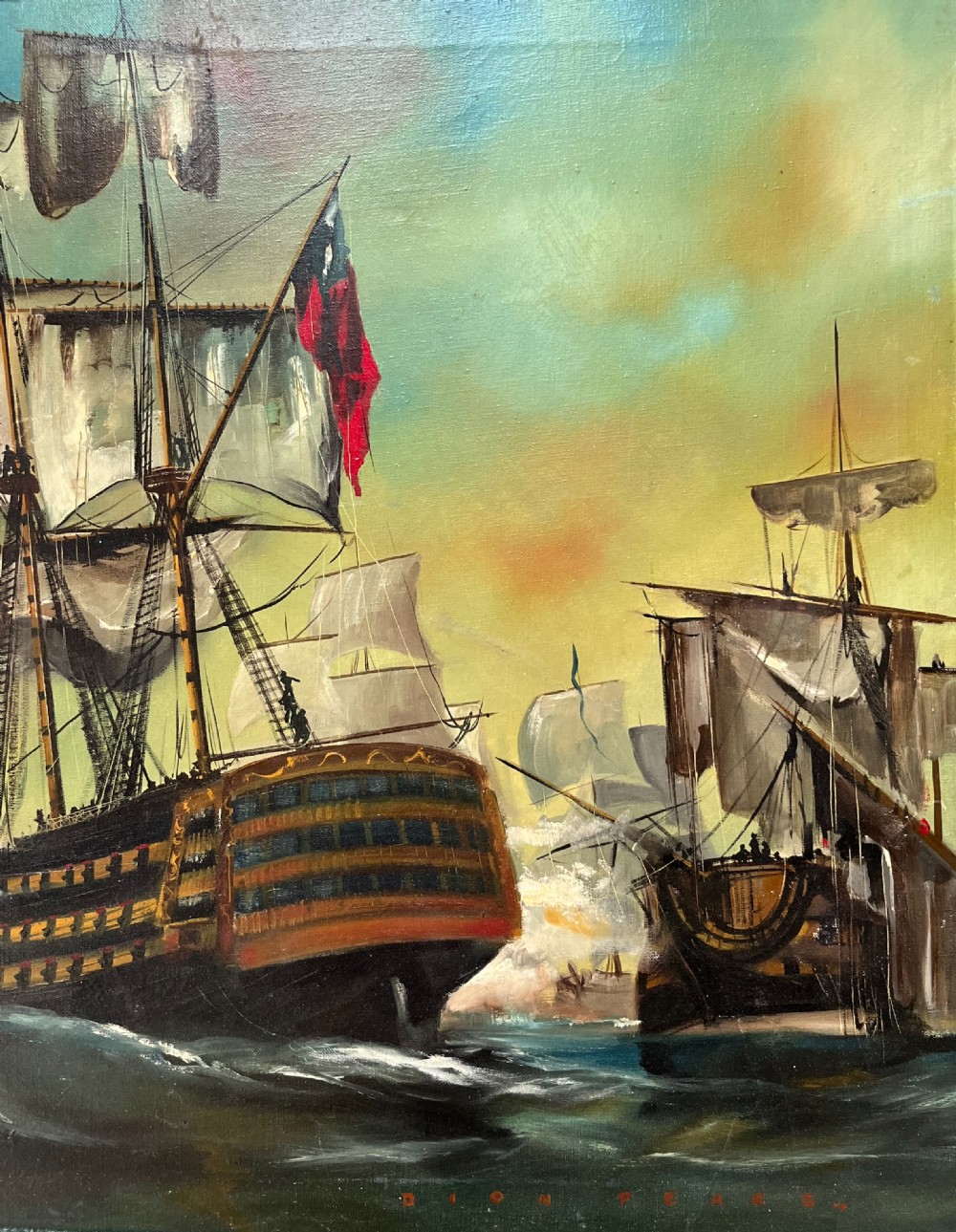 An oil painting on canvas portraying a sea battle between historical tall ships, presented in a grey-blue wooden frame. View V