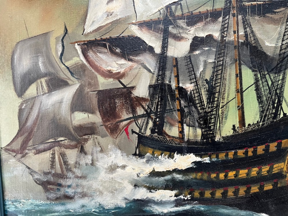 An oil painting on canvas portraying a sea battle between historical tall ships, presented in a grey-blue wooden frame. View VI