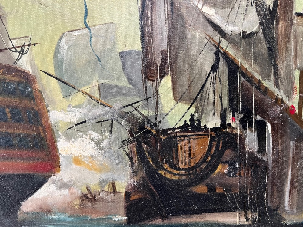 An oil painting on canvas portraying a sea battle between historical tall ships, presented in a grey-blue wooden frame. View VII