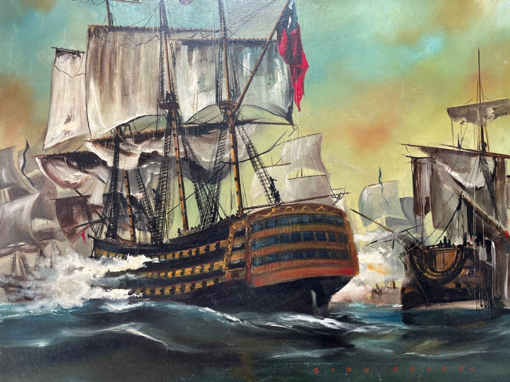 An oil painting on canvas portraying a sea battle between historical tall ships, presented in a grey-blue wooden frame. View VIII