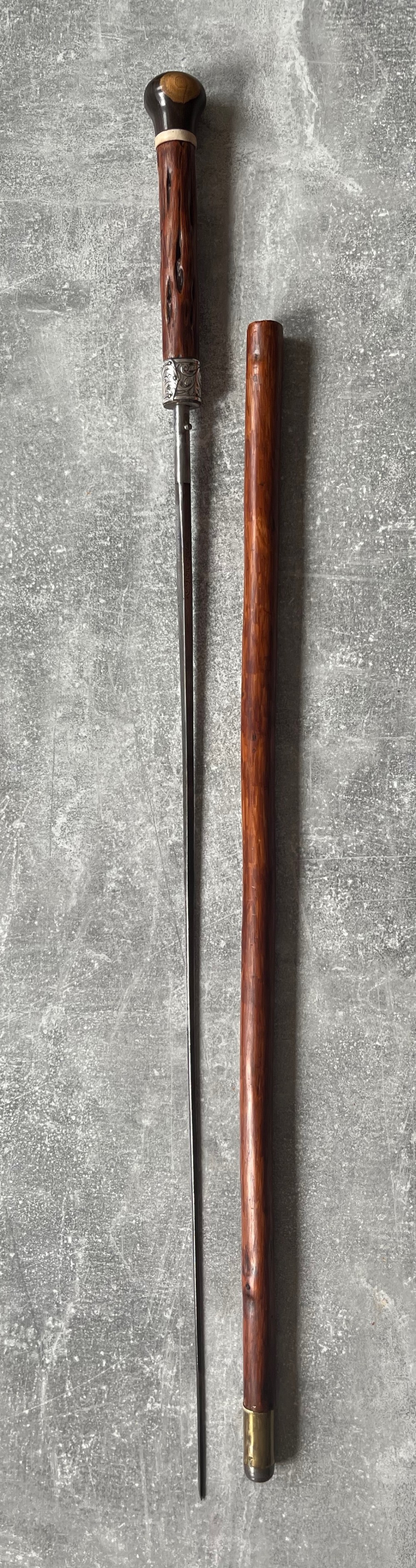 Malacca Sword Stick, Lignum Vitae Knop, Silver Collar