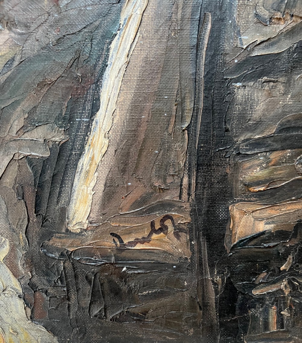 A framed post-impressionist oil painting depicting a seated artist wearing a hat while holding a palette. View IV