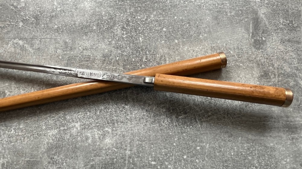 Slim Malacca Sword Stick, Gold Mounts, Toledo Blade View VIII
