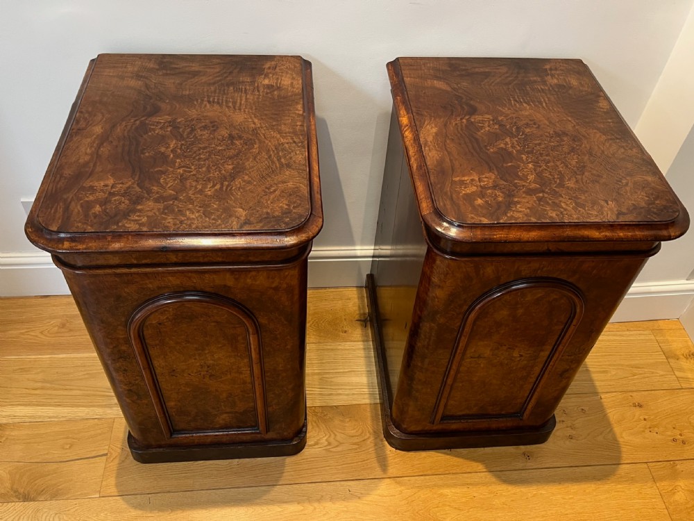 A matching pair of antique burr walnut bedside cabinets featuring single door cupboards with recessed arched panels and plinth bases. View II