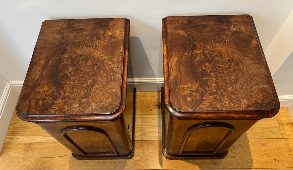 A matching pair of antique burr walnut bedside cabinets featuring single door cupboards with recessed arched panels and plinth bases. View III