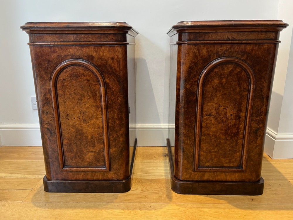 A matching pair of antique burr walnut bedside cabinets featuring single door cupboards with recessed arched panels and plinth bases. View IV