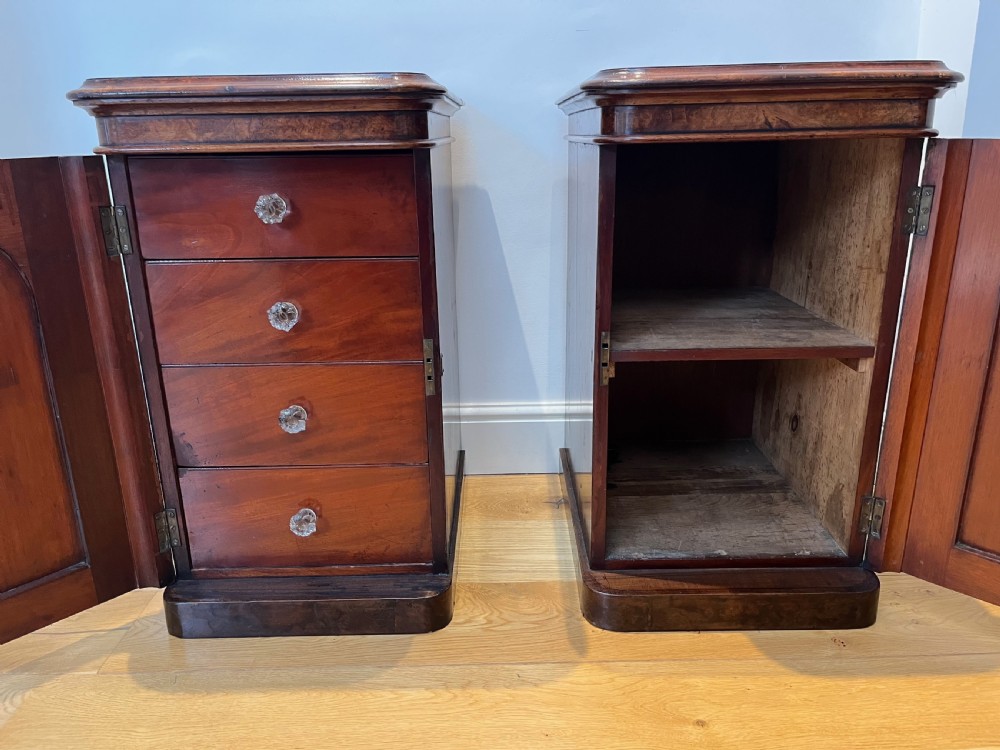 A matching pair of antique burr walnut bedside cabinets featuring single door cupboards with recessed arched panels and plinth bases. View V