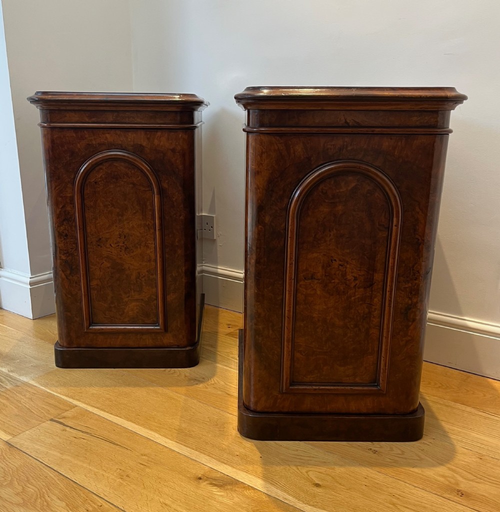 A matching pair of antique burr walnut bedside cabinets featuring single door cupboards with recessed arched panels and plinth bases. View IX