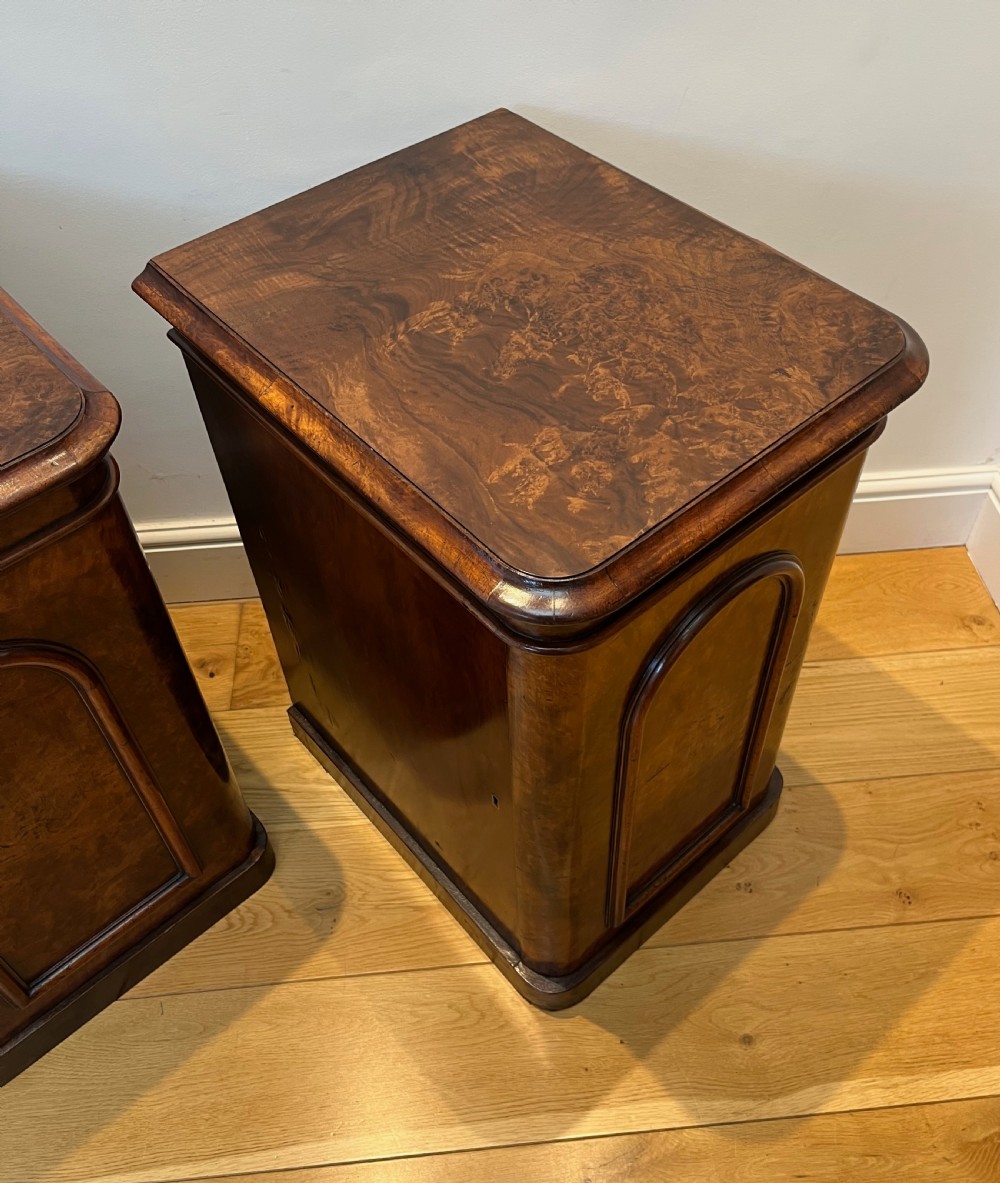 A matching pair of antique burr walnut bedside cabinets featuring single door cupboards with recessed arched panels and plinth bases. View X