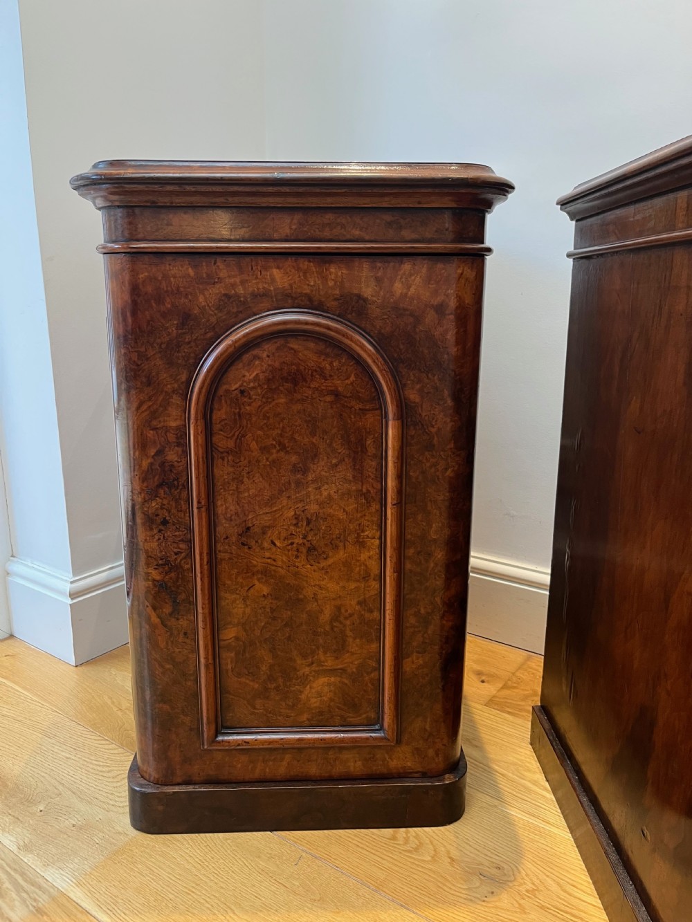 A matching pair of antique burr walnut bedside cabinets featuring single door cupboards with recessed arched panels and plinth bases. View XII