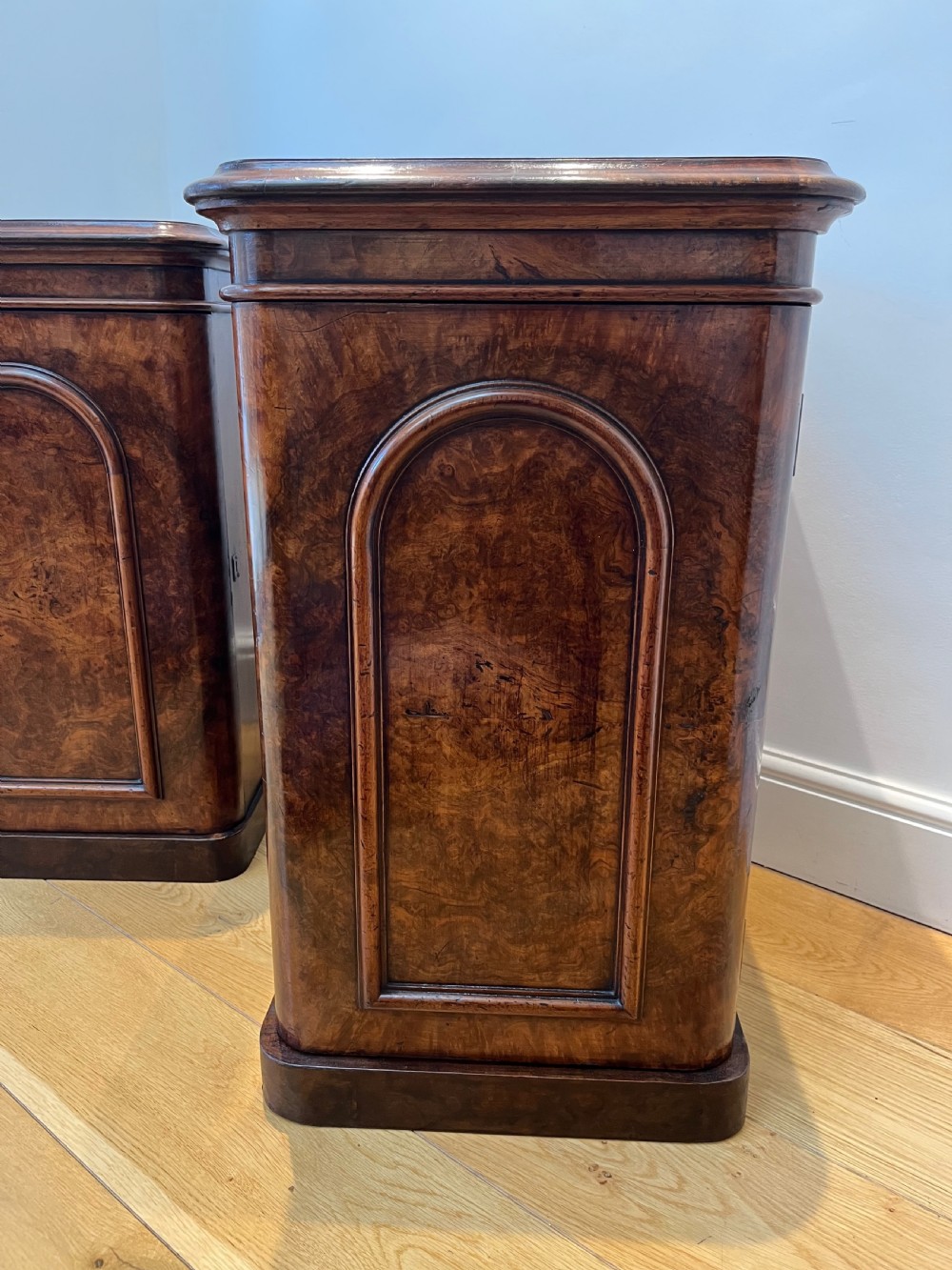 A matching pair of antique burr walnut bedside cabinets featuring single door cupboards with recessed arched panels and plinth bases. View XIII