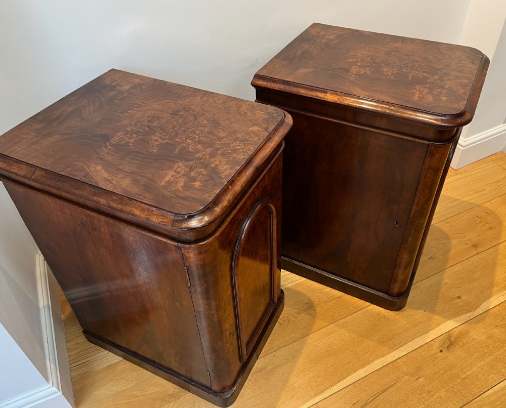 A matching pair of antique burr walnut bedside cabinets featuring single door cupboards with recessed arched panels and plinth bases. View XIV