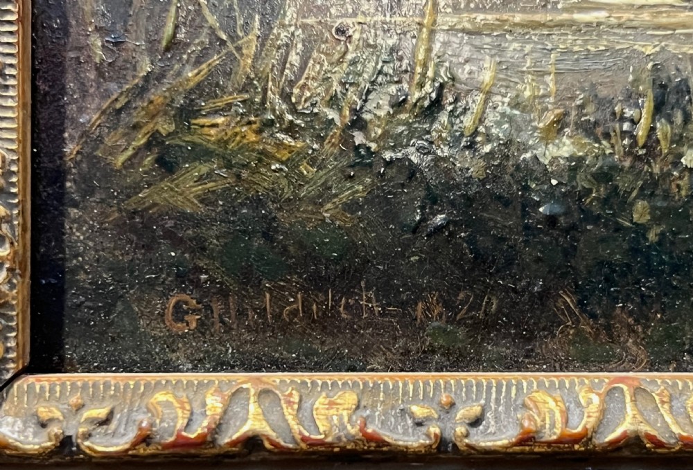 A 19th-century oil painting on board depicting figures in a rowboat on a calm river flanked by trees and classic architecture, housed in an ornate giltwood frame. View III