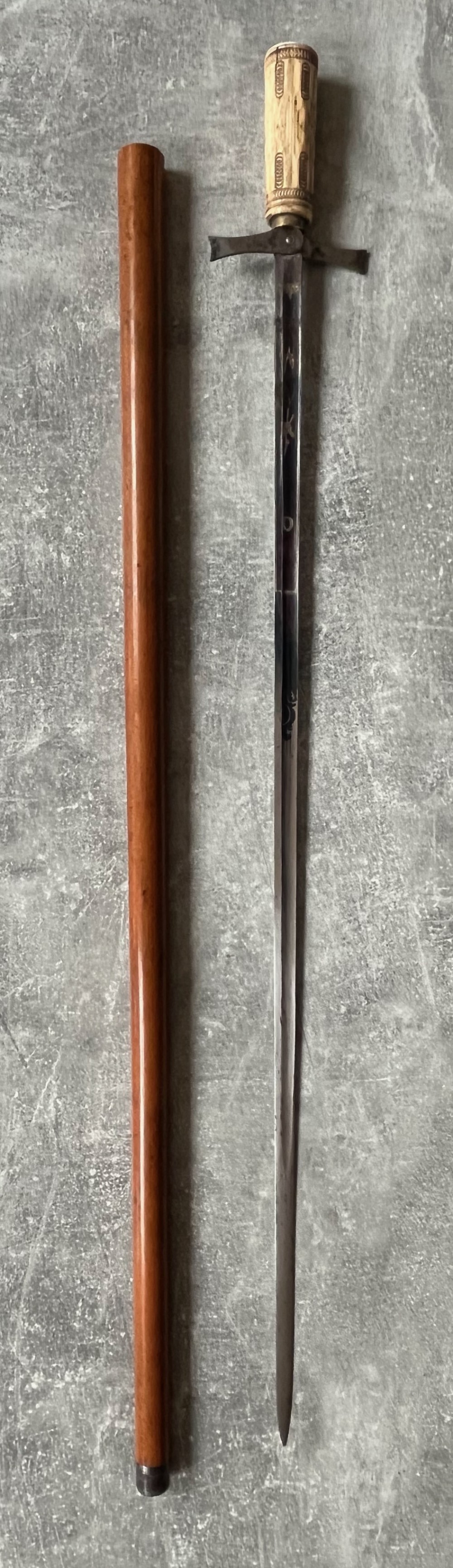 Rare Malacca Sword Stick, Carved Bone Handle, Fold out Quillons