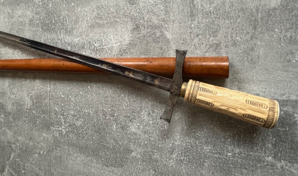 Rare Malacca Sword Stick, Carved Bone Handle, Fold out Quillons View VII