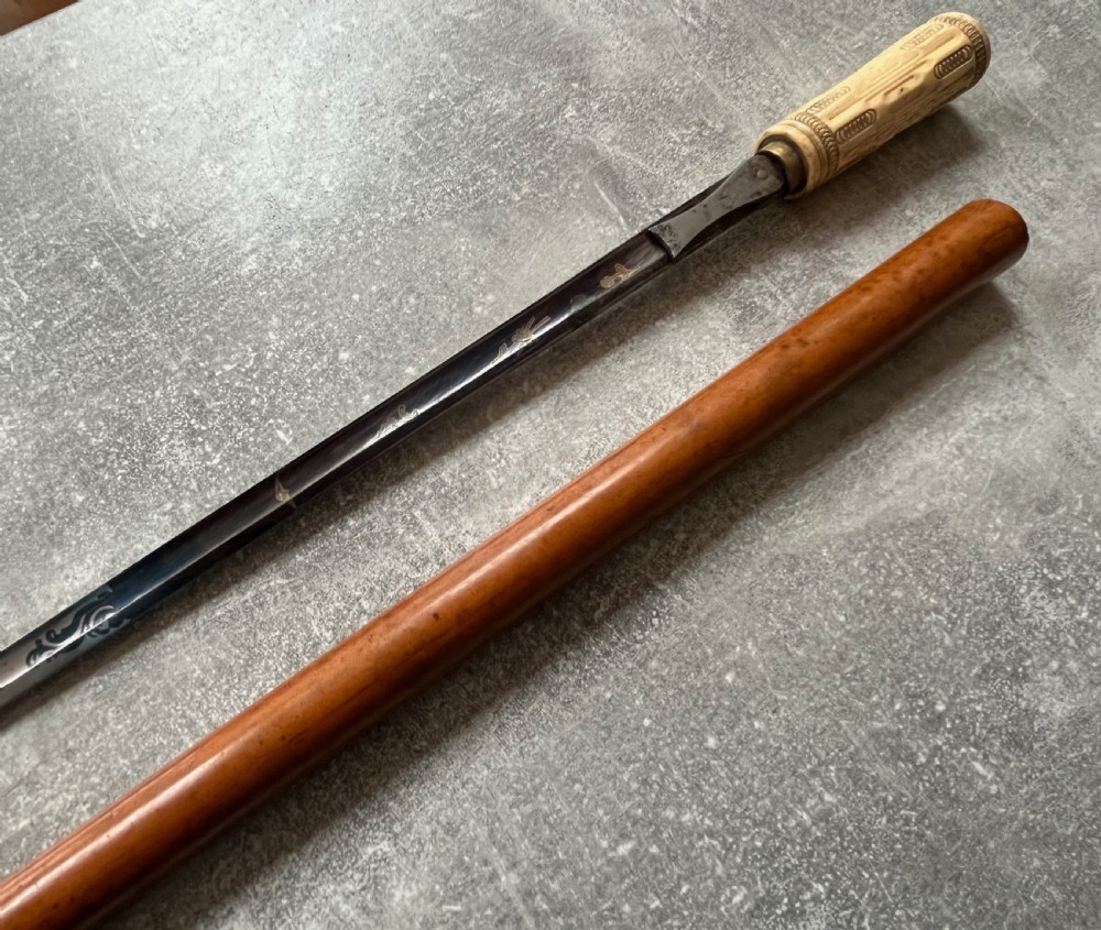 Rare Malacca Sword Stick, Carved Bone Handle, Fold out Quillons View X