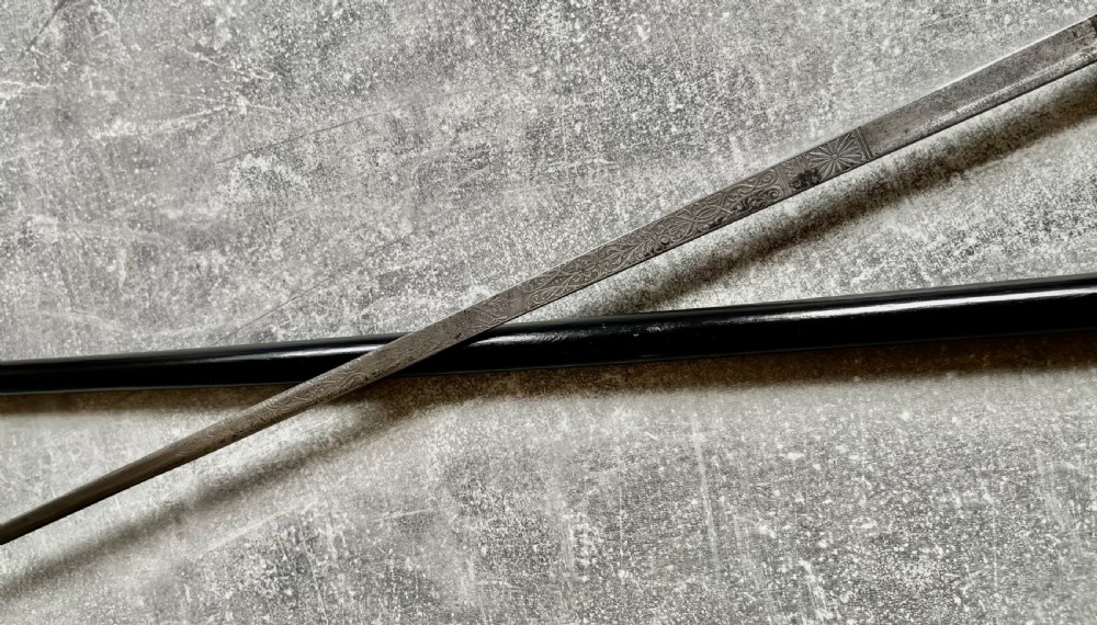 A Victorian ebonised wood walking stick shown in two parts alongside a slender concealed steel Toledo blade. View X