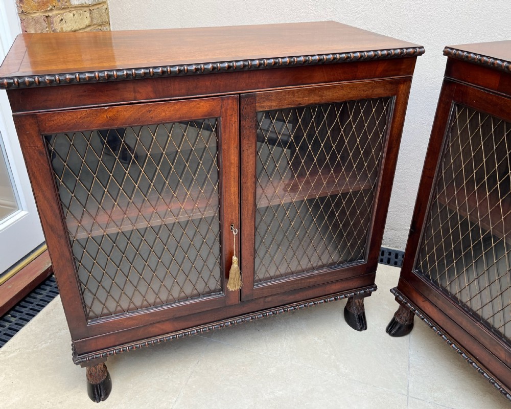 A pair of antique Regency mahogany side cabinets featuring brass lattice glazed doors and carved cloven hoof feet. View III