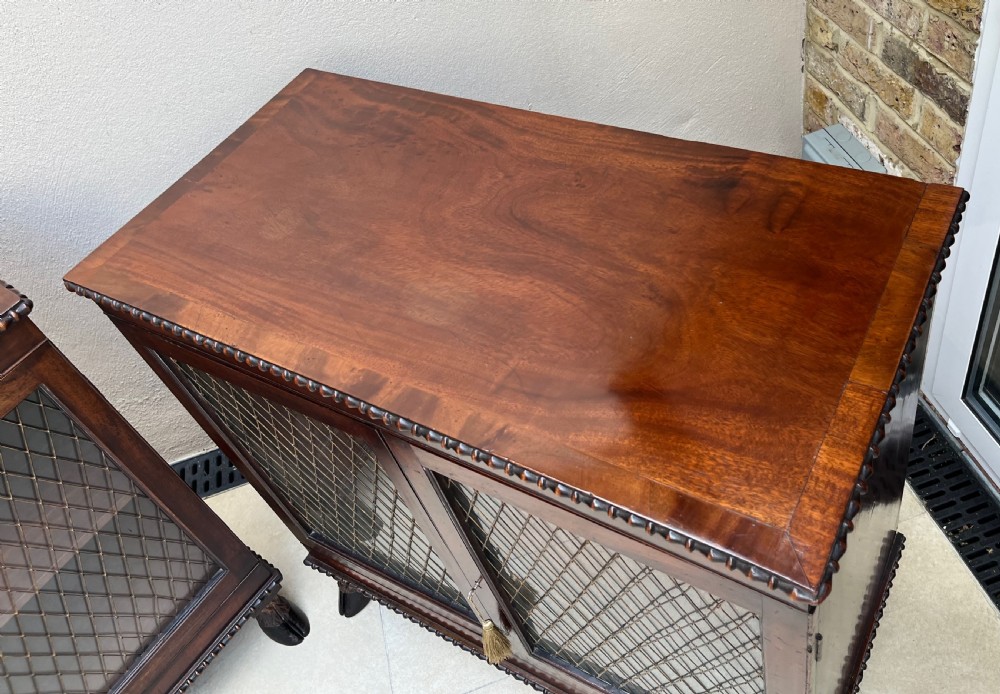 A pair of antique Regency mahogany side cabinets featuring brass lattice glazed doors and carved cloven hoof feet. View IV