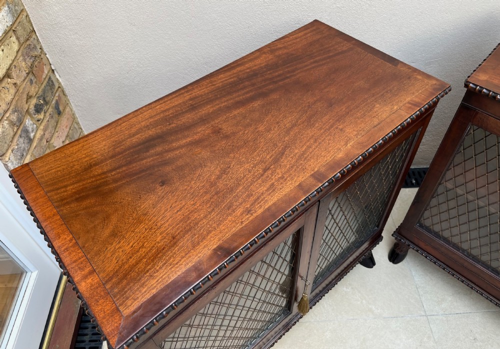 A pair of antique Regency mahogany side cabinets featuring brass lattice glazed doors and carved cloven hoof feet. View VI