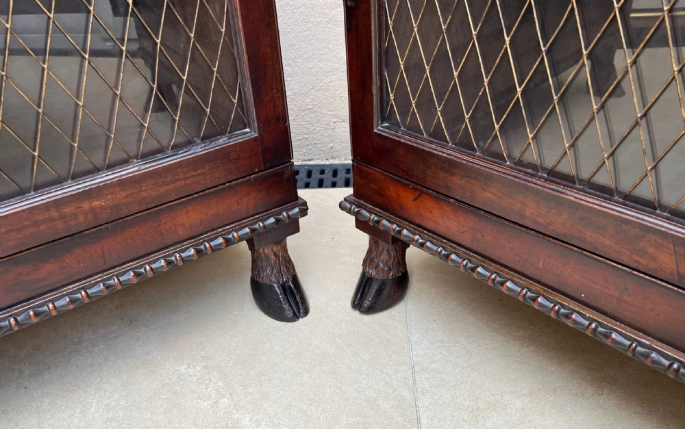 A pair of antique Regency mahogany side cabinets featuring brass lattice glazed doors and carved cloven hoof feet. View VII