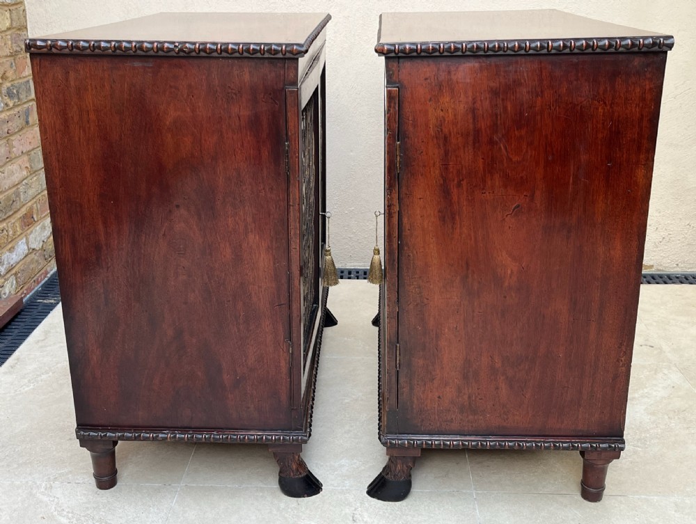 A pair of antique Regency mahogany side cabinets featuring brass lattice glazed doors and carved cloven hoof feet. View X