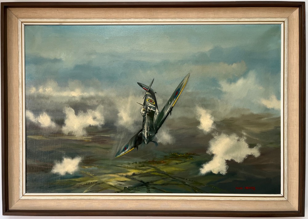 A framed oil painting on canvas depicting a Supermarine Spitfire aircraft diving through clouds over a green countryside landscape, signed by artist Dion Pears.