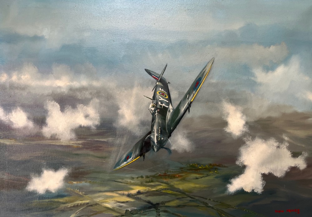 A framed oil painting on canvas depicting a Supermarine Spitfire aircraft diving through clouds over a green countryside landscape, signed by artist Dion Pears. View II