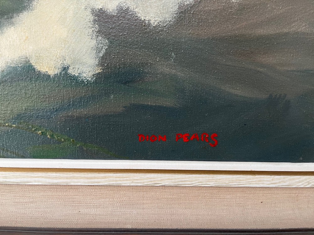 A framed oil painting on canvas depicting a Supermarine Spitfire aircraft diving through clouds over a green countryside landscape, signed by artist Dion Pears. View IV