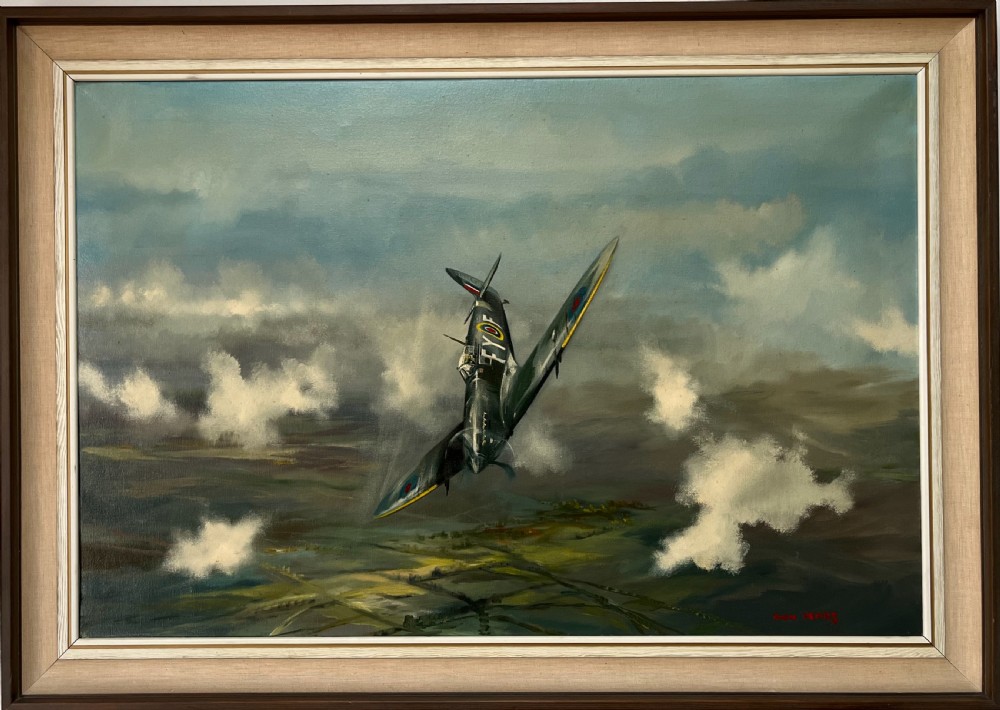 A framed oil painting on canvas depicting a Supermarine Spitfire aircraft diving through clouds over a green countryside landscape, signed by artist Dion Pears. View VII