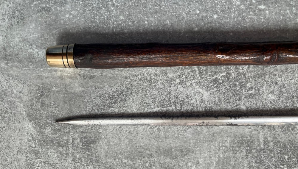 A late 19th-century dark hazel wood walking stick with a curved handle, silver collar, upper eyelet detail, and a metallic ferrule base. View VIII