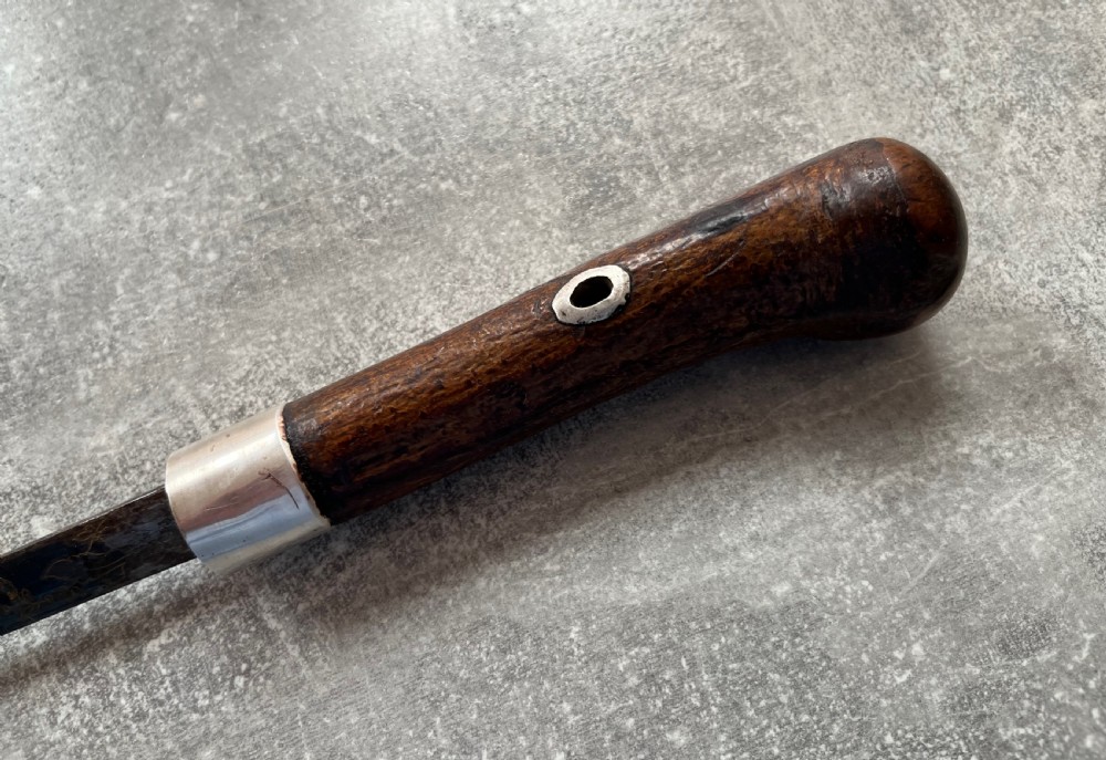 A late 19th-century dark hazel wood walking stick with a curved handle, silver collar, upper eyelet detail, and a metallic ferrule base. View XII