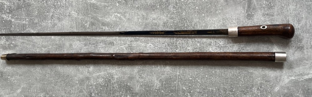 A late 19th-century dark hazel wood walking stick with a curved handle, silver collar, upper eyelet detail, and a metallic ferrule base. View XIV
