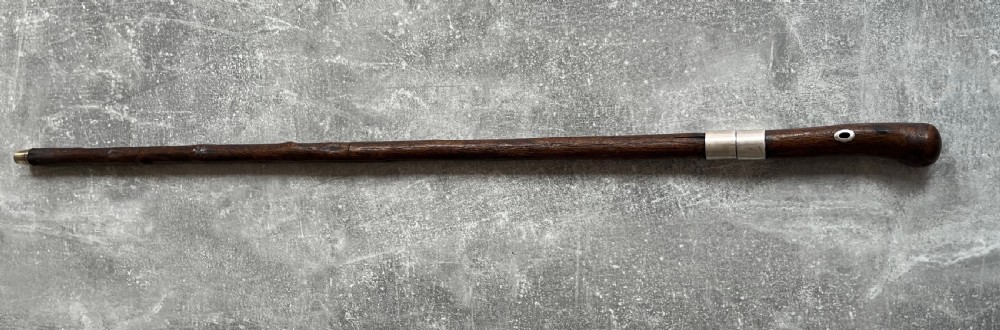A late 19th-century dark hazel wood walking stick with a curved handle, silver collar, upper eyelet detail, and a metallic ferrule base. View XV