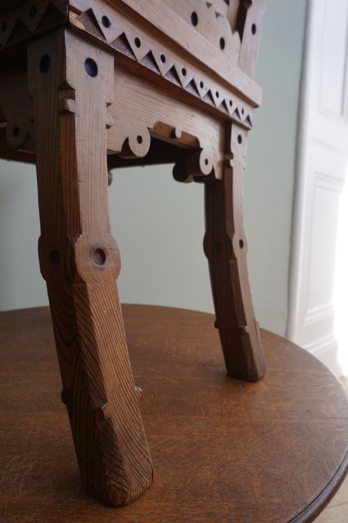 A PITCH PINE AND COLOURED ENAMEL GOTHIC REVIVAL HALL CHAIR IN THE MANNER OF BRUCE TALBERT 1860S - ADDITIONAL PHOTO 2